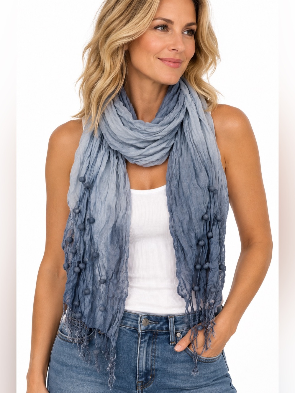 Ombre crinkle, pom-pom scarf